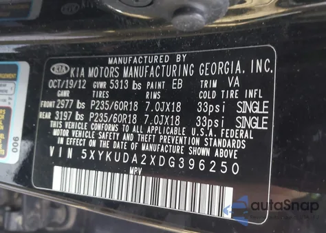 2013 Kia Sorento Ex V6 из США, поврежденный, VIN 5XYKUDA2XDG396250